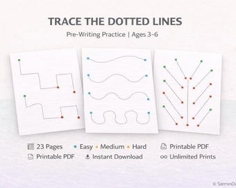 May include: Three white sheets of paper with dotted lines for tracing, designed for pre-writing practice. The text "TRACE THE DOTTED LINES" is at the top, with "Pre-Writing Practice | Ages 3-6" below. Additional text includes "23 Pages", "Printable PDF", and difficulty levels.