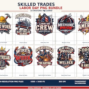 Peut inclure: Un ensemble numérique de 10 designs graphiques sur le thème de la fête du Travail, incluant des outils, des éléments de construction et des motifs patriotiques. Chaque emblème porte des textes comme Built by Hard Work, America Rises, Labor Day Crew, Mechanic Pride, Powering America, Electrician, Wired for Work, Sparks Build the Nation, Blue Collar Proud et Forged in America.