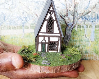 1:144th Scale Unfurnished House With Garden.  Micro Mini Witches' Cottage.  Handmade miniature house and garden.