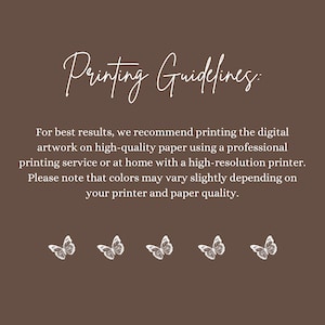 May include: Printing guidelines text with a brown background and five white butterflies at the bottom of the image.
