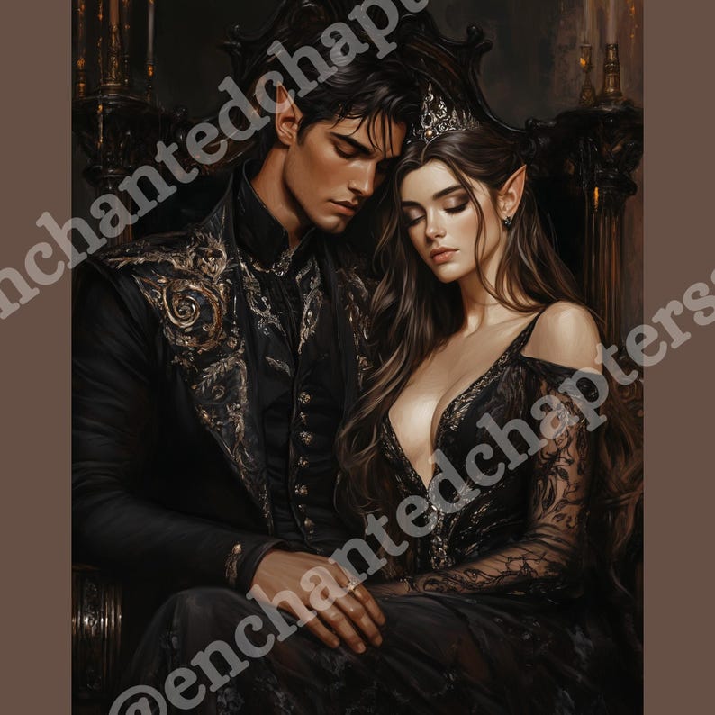 May include: A couple in a romantic embrace, dressed in elegant black attire. The woman wears a crown and a delicate lace dress, while the man wears a richly embroidered jacket. The image evokes a sense of royalty and fairytale romance.