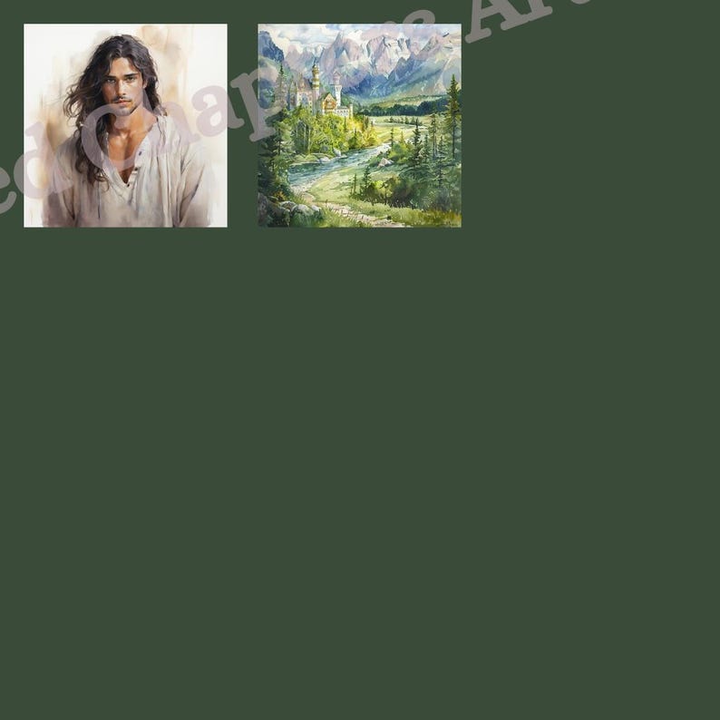 Peut inclure: Une peinture d'un homme avec de longs cheveux bruns et une chemise blanche, debout devant un fond blanc. &Agrave; droite de l'homme se trouve une peinture d'un ch&acirc;teau dans une vall&eacute;e avec des montagnes en arri&egrave;re-plan.