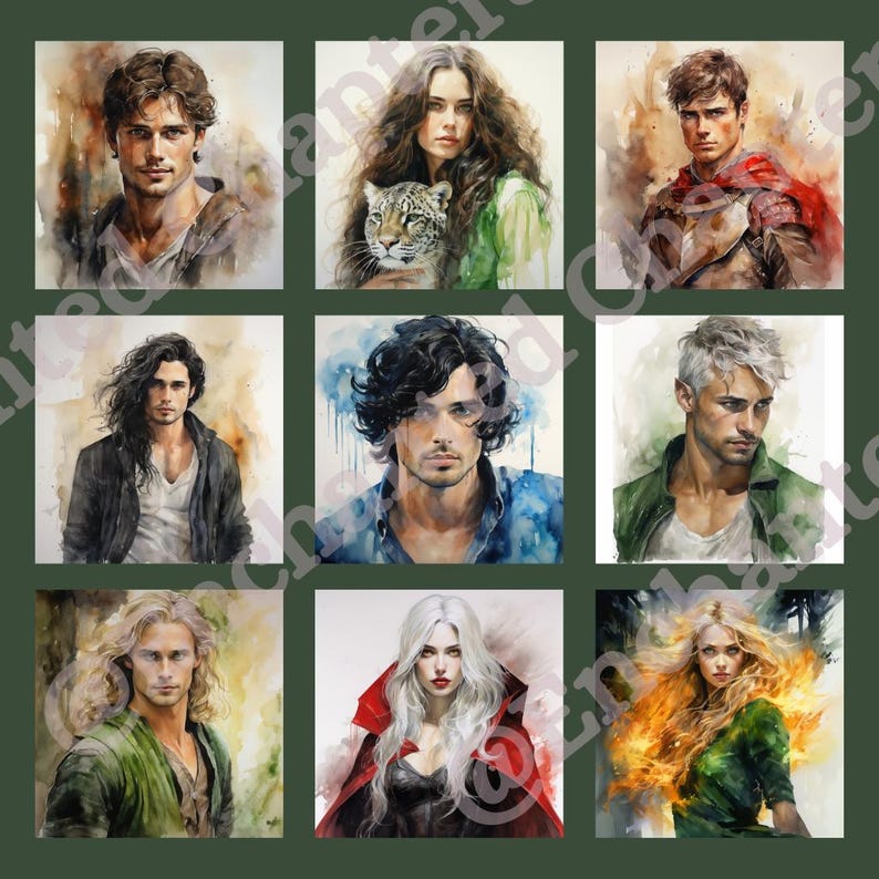 Peut inclure: Une collection de neuf aquarelles repr&eacute;sentant des portraits de personnes avec diff&eacute;rentes coiffures et v&ecirc;tements. Les peintures sont r&eacute;alis&eacute;es sur des fonds vari&eacute;s, notamment une for&ecirc;t, un champ et une rue de ville.