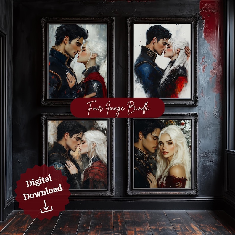 May include: Four framed art prints featuring romantic couples in various poses, with dark hair and fair skin. The prints are in black frames, and the text "Four Image Bundle" and "Digital Download" are visible.