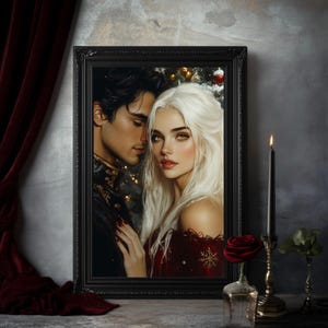 May include: A framed portrait featuring a couple, the woman with long white hair and the man with dark hair. The woman wears a red dress with a snowflake design. The frame is black, and a candle and rose are in the foreground.