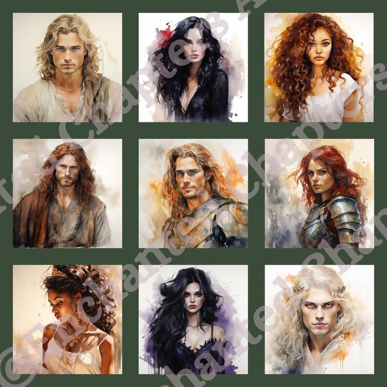 Peut inclure: Un collage de neuf portraits &agrave; l'aquarelle de personnes avec des coiffures et des v&ecirc;tements diff&eacute;rents. Les portraits sont sur un fond blanc avec un effet doux et flou.