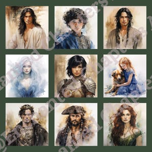 Peut inclure: Un collage de neuf peintures &agrave; l'aquarelle repr&eacute;sentant diff&eacute;rents personnages. Les personnages sont un jeune homme aux cheveux longs bruns, un jeune homme aux cheveux fonc&eacute;s, une jeune femme aux cheveux longs blonds, une jeune femme aux cheveux fonc&eacute;s, une jeune femme aux cheveux longs roux, un jeune homme avec une couronne, un jeune homme avec un chapeau de pirate et une jeune femme aux cheveux longs roux.