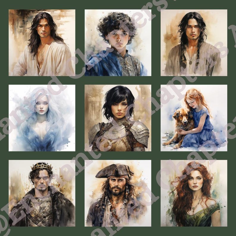 Peut inclure: Un collage de neuf peintures &agrave; l'aquarelle repr&eacute;sentant diff&eacute;rents personnages. Les personnages sont un jeune homme aux cheveux longs bruns, un jeune homme aux cheveux fonc&eacute;s, une jeune femme aux cheveux longs blonds, une jeune femme aux cheveux fonc&eacute;s, une jeune femme aux cheveux longs roux, un jeune homme avec une couronne, un jeune homme avec un chapeau de pirate et une jeune femme aux cheveux longs roux.