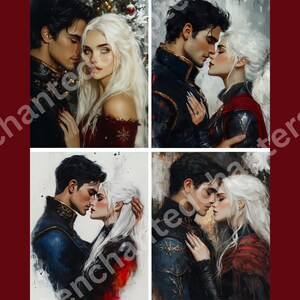 May include: Four digital art prints featuring romantic couples. Each image depicts a man and woman in an embrace, with the woman's hair a striking white. The couples are dressed in various fantasy-inspired attire, with a dark red background.