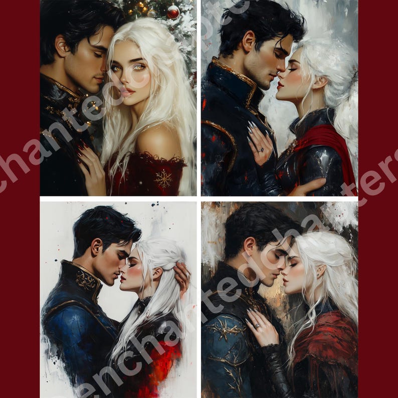 May include: Four digital art prints featuring romantic couples. Each image depicts a man and woman in an embrace, with the woman's hair a striking white. The couples are dressed in various fantasy-inspired attire, with a dark red background.