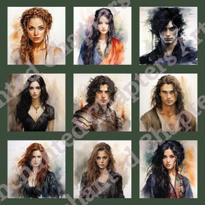 Peut inclure: Un collage de neuf portraits &agrave; l'aquarelle de personnes avec diff&eacute;rentes coiffures et v&ecirc;tements. Les portraits sont peints dans un style r&eacute;aliste et pr&eacute;sentent une vari&eacute;t&eacute; de couleurs, notamment le brun, le noir, le bleu et le rouge.