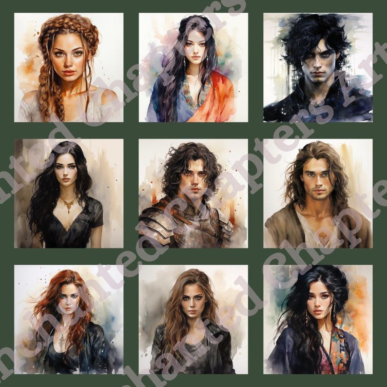 Peut inclure: Un collage de neuf portraits &agrave; l'aquarelle de personnes avec diff&eacute;rentes coiffures et v&ecirc;tements. Les portraits sont peints dans un style r&eacute;aliste et pr&eacute;sentent une vari&eacute;t&eacute; de couleurs, notamment le brun, le noir, le bleu et le rouge.