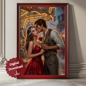 May include: A framed digital download print featuring a romantic scene of a couple at a carnival. The woman wears a red dress and holds a rose as the man kisses her. The background includes a carousel and festive lights.