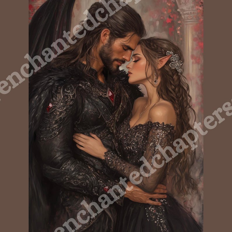 May include: A romantic digital painting of a couple embracing. The man, with dark hair and a beard, wears a black, ornate outfit with red accents. The woman, with long brown hair and elf ears, is in a black gown. The background features a soft, blurred setting.