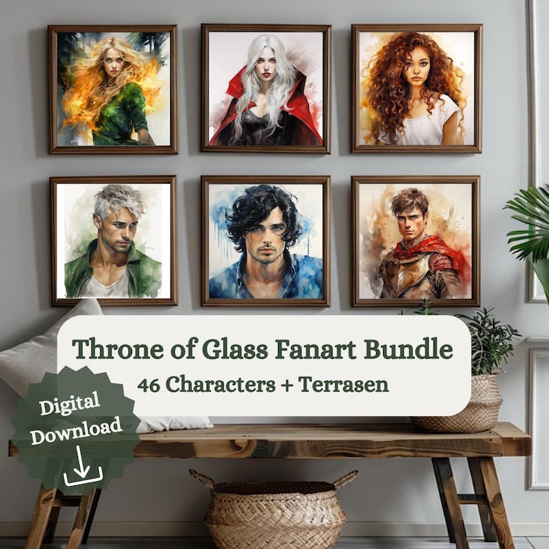 Peut inclure: Un lot de t&eacute;l&eacute;chargement num&eacute;rique de 46 illustrations de fanart de Throne of Glass, mettant en sc&egrave;ne des personnages de la s&eacute;rie. Les illustrations sont r&eacute;alis&eacute;es dans un style aquarelle et sont encadr&eacute;es dans des cadres en bois brun. Le texte "Throne of Glass Fanart Bundle" et "46 Characters + Terrasen" est affich&eacute; sur un fond blanc.