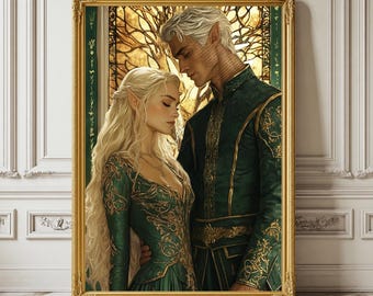 May include: A framed wall art print depicting two fair-skinned figures with pointed ears, long blonde hair, and green outfits with gold embroidery. The figures stand close together in front of a golden, tree-like background within a gold frame.