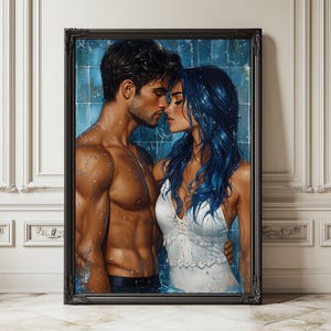 May include: A framed wall art print depicting a shirtless person with dark hair and a person with long blue hair wearing a white ruffled top, standing close together in a blue tiled shower with water droplets falling over their bodies.