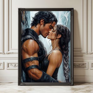 May include: A framed wall art print depicting two figures in a close embrace amidst a rainstorm. The figures wear dark, fitted clothing with straps. The scene features dramatic lighting, visible raindrops, and a lightning bolt in the background.