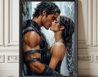 Puede incluir: Una impresión de arte mural enmarcada que representa a dos figuras en un abrazo cercano bajo una tormenta. Las figuras visten ropa oscura y ajustada con correas. La escena presenta una iluminación dramática, gotas de lluvia y un rayo.