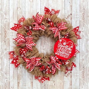 Snowflake Kisses Christmas Wishes Wreath,Mickey Mouse Wreath,Holiday Decor, Winter Front Door Wreath, Handmade Sign, Christmasy Red Ribbons