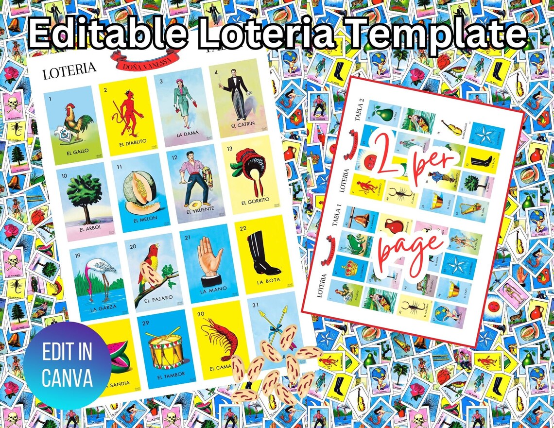 Editable Printable Mexican Loteria Game Template Download 2 Cards per