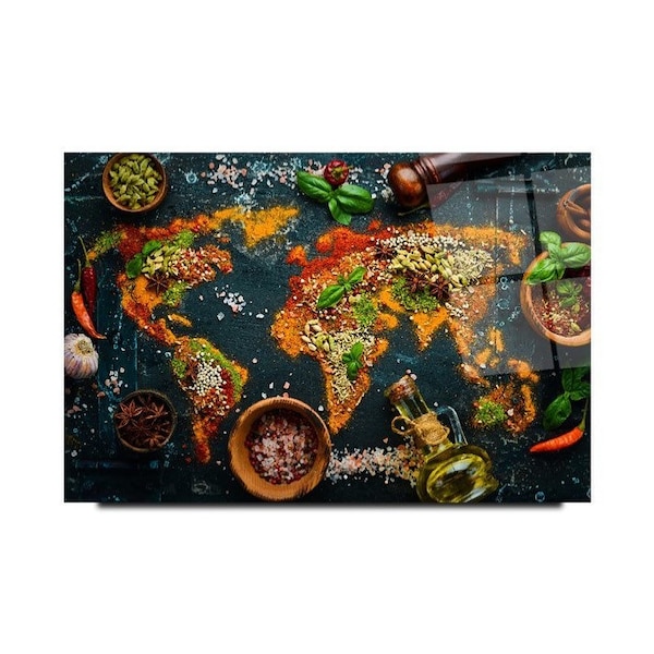 Une carte du monde recouverte d'épices Table de cuisine en verre Décoration murale Cuisine Carte du monde avec épices Huile Oignon Poivre vert Table de cuisine