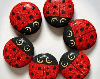 Glitter Ladybugs, Set of 6 Hand Painted Marble Rocks