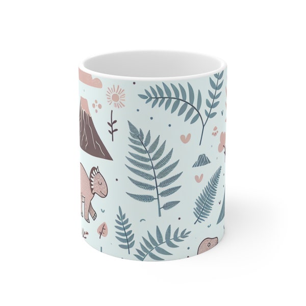 Dinosaur Coffee Mug - Prehistoric Creatures & Volcanoes Ceramic Cup for Kids and Adults - Unique Paleontology Gift