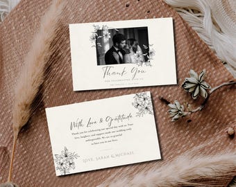 Plantilla elegante para tarjeta de agradecimiento de boda con diseño floral, postal fotográfica horizontal de 7x5 (descarga digital)