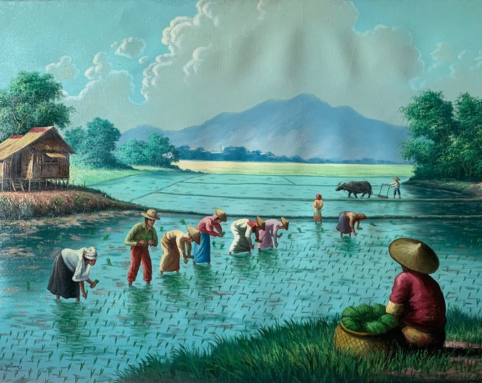 Cagbas Rice Field Vintage Filipino Painting, Oil on Canvas, Rice Planting, 36 X 24 Inches ...