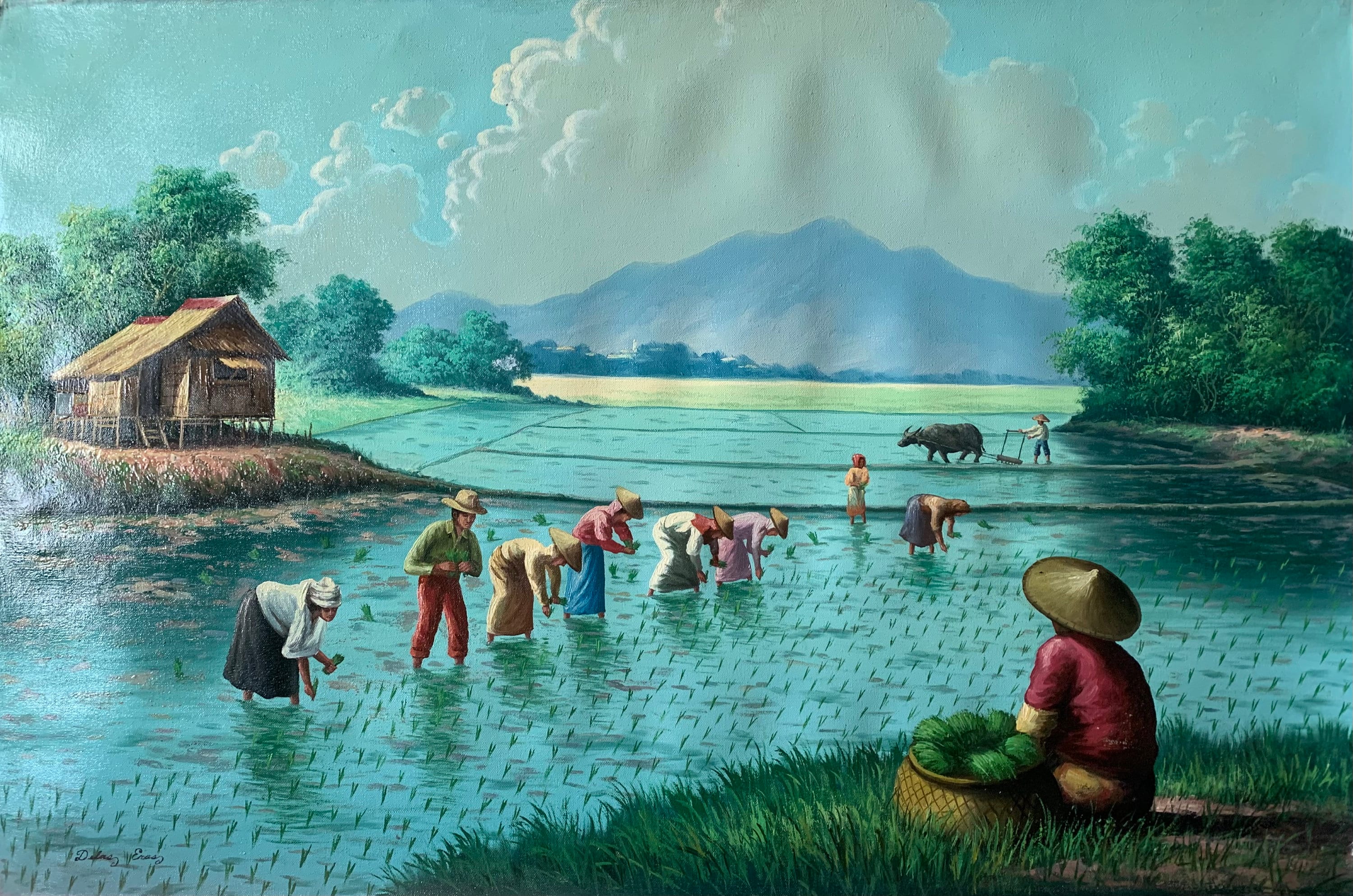 Vintage Filipino Painting, Oil on Canvas, Rice Planting, 36 X 24 Inches ...