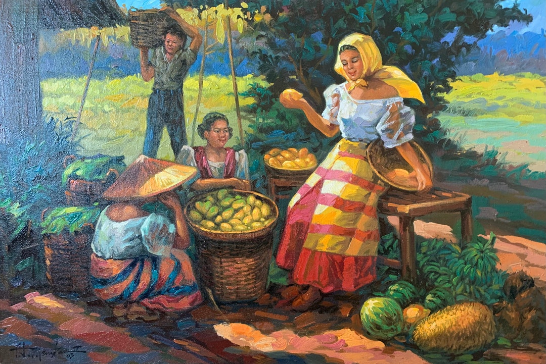 Vintage Filipino Painting, Oil on Canvas. Mango Harvest. 36x24 Inches