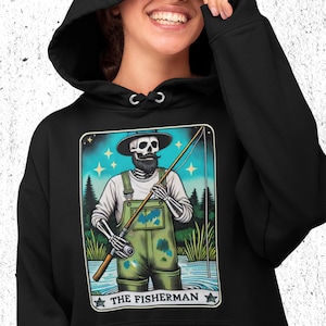 Sudadera con capucha con estampado personalizado / Divertido estilo de cartas del tarot / Comedia / El pescador / Regalo novedoso de pesca personalizado