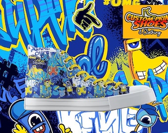 Custom Printed Converse Style Canvas High Top Trainers Shoes | Blue Graffiti Gamer | Art Lovers Personalised Gift