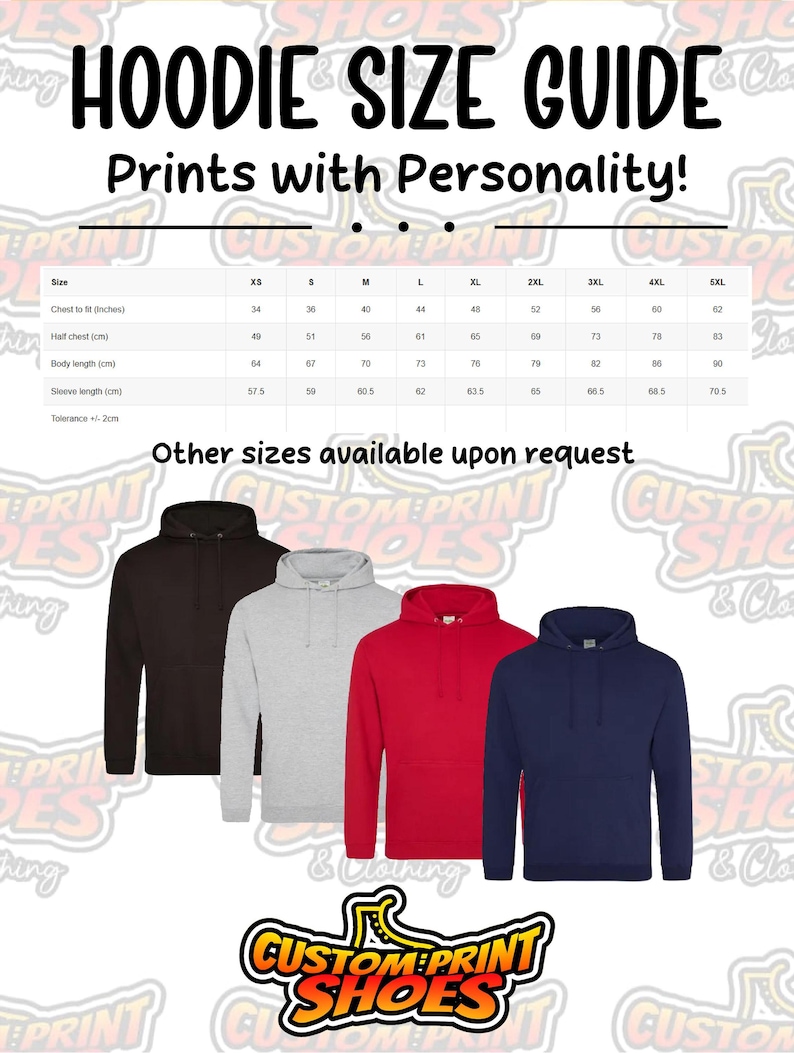 Op de afbeelding: Een hoodie-maattabel met de tekst "Prints with Personality!" en een maattabel met borst-, halve borst-, lichaamslengte- en mouwlengtematen in inches en centimeters. Vier hoodies in zwart, grijs, rood en marineblauw worden weergegeven.