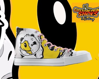 Custom Printed Converse Style Canvas High Top Trainers Shoes | Panda Smiley Face Emoji Cartoon | Art Lovers Personalised Gift