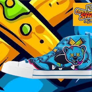 Custom Printed Converse Style Canvas Medium/High Top Trainers Shoes | Bad Angry Teddy Bear Theme | Personalised Gift