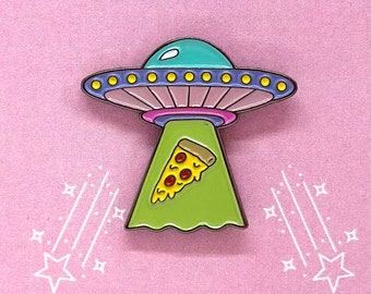 Spaceship Pizza emaille pin - Ontdek het universum van kosmische smaken, pinnen voor kleding, tassen en kits, kosmisch, schotel