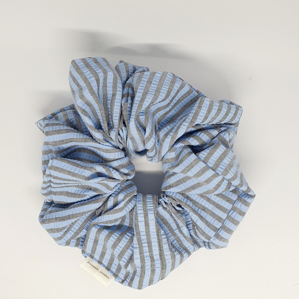 Oversized XL Blue Stripes Scrunchie, 90s, 80s, handmade, upcycled, retro, coquette, cottagecore, large, jumbo, statement, gifts for her