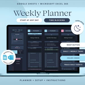Weekly Planner Google Sheets Daily Task Tracker Spreadsheet Excel ADHD Daily Productivity Template Time Blocking Schedule.