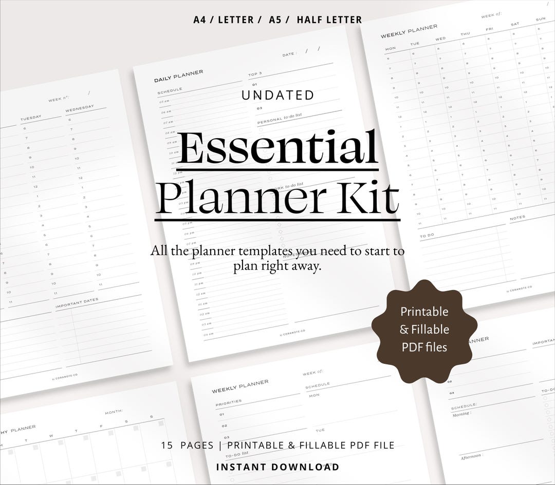 Daily Weekly Monthly Printable Planner Templates Undated Planner Bundle Productivity Plann