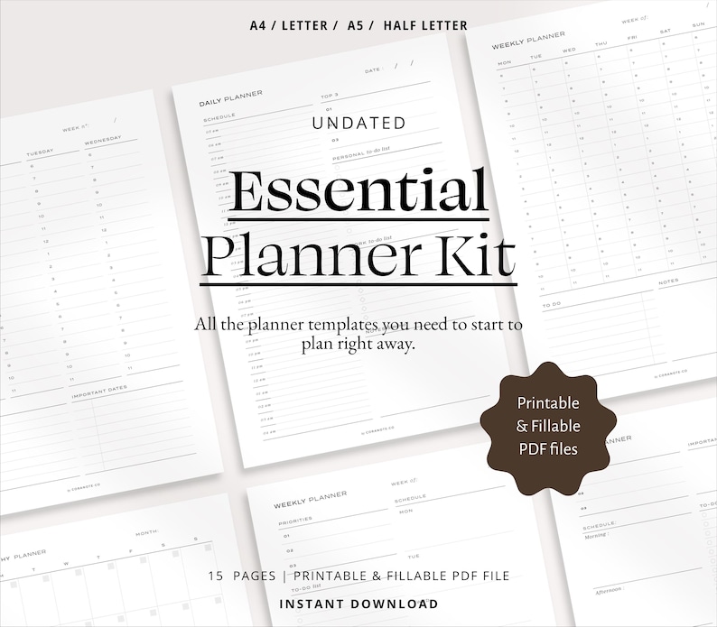 Printable Daily, Weekly, Monthly Planner , Undated Planner Bundle.