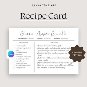 Custom Recipe Card Editable Recipe Book Printable Family Cookbook, Kitchen Binder (6 in x 4 in)