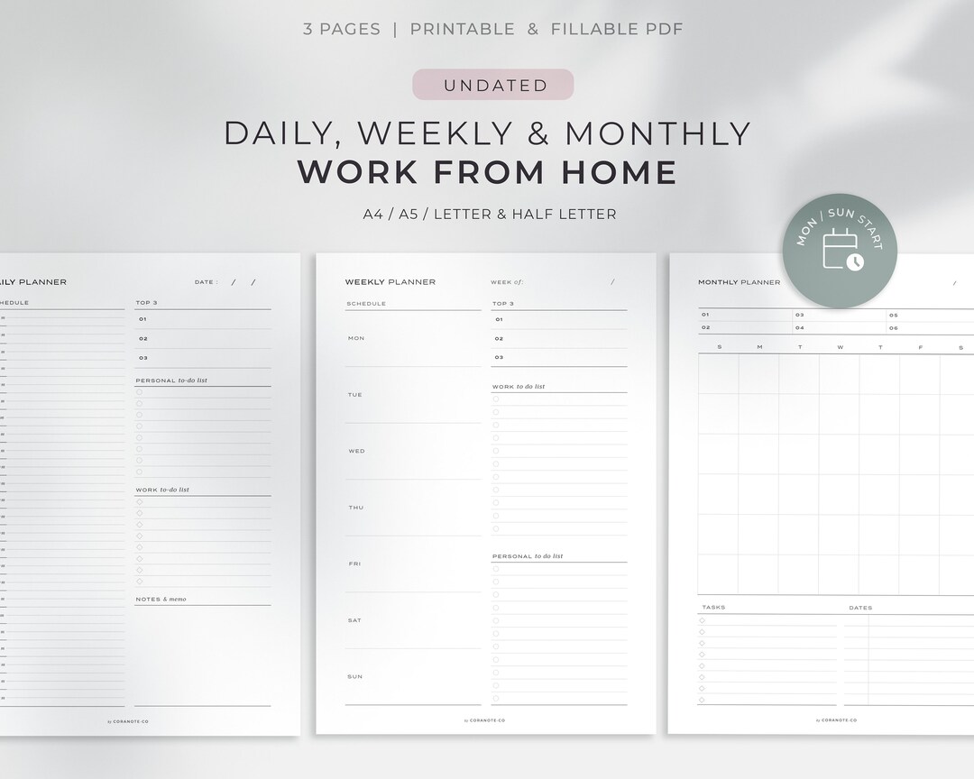 Daily Weekly Monthly Work & Office Productivity Printable Planner Kit ...