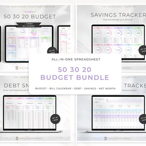 Spreadsheet budgetbundel 50-30-20, Google Spreadsheets-begrotingskostentracker, rekeningenkalender, teruglopende spaartegoeden Debt Tracker, schuldensneeuwbal.