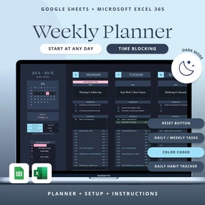 Weekly Planner Google Sheets Daily Task Tracker Spreadsheet Excel ADHD Daily Productivity Template Time Blocking Schedule.
