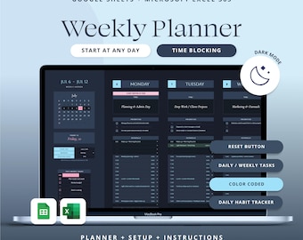 Weekly Planner Google Sheets Daily Task Tracker Spreadsheet Excel ADHD Daily Productivity Template Time Blocking Schedule.