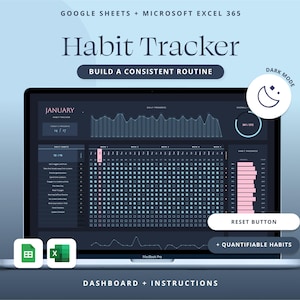Habit Tracker Spreadsheet Dark Mode Google Sheets Weekly Goal Planner Adhd Daily Productivity Excel Template