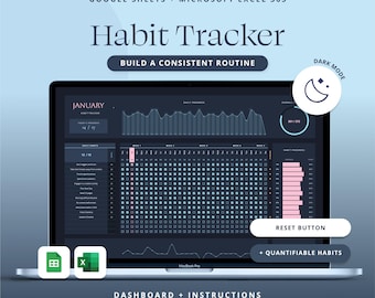 Habit Tracker Spreadsheet Dark Mode Google Sheets Weekly Goal Planner Adhd Daily Productivity Excel Template