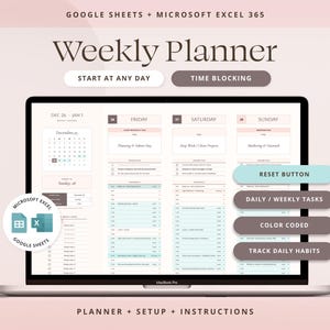 Planificador semanal de Google Sheets, seguimiento diario de tareas para TDAH, hoja de cálculo de Excel, lista de verificación de bloqueo de tiempo digital, planificador de productividad
